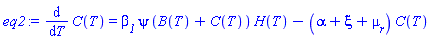 diff(C(T), T) = beta__1*psi*(B(T)+C(T))*H(T)-(alpha+xi+mu__r)*C(T)