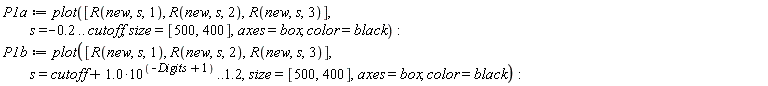 P1a := plot([R(new, s, 1), R(new, s, 2), R(new, s, 3)], s = -.2 .. cutoff, size = [500, 400], axes = box, color = black); P1b := plot([R(new, s, 1), R(new, s, 2), R(new, s, 3)], s = cutoff+1.0*10^(-Digits+1) .. 1.2, size = [500, 400], axes = box, color = black)