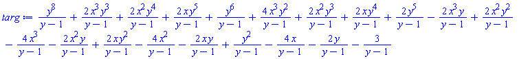 y^8/(y-1)+2*x^3*y^3/(y-1)+2*x^2*y^4/(y-1)+2*x*y^5/(y-1)+y^6/(y-1)+4*x^3*y^2/(y-1)+2*x^2*y^3/(y-1)+2*x*y^4/(y-1)+2*y^5/(y-1)-2*x^3*y/(y-1)+2*x^2*y^2/(y-1)-4*x^3/(y-1)-2*x^2*y/(y-1)+2*x*y^2/(y-1)-4*x^2/(y-1)-2*x*y/(y-1)+y^2/(y-1)-4*x/(y-1)-2*y/(y-1)-3/(y-1)