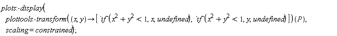 plots:-display((plottools:-transform(proc (x, y) options operator, arrow; [`if`(x^2+y^2 < 1, x, undefined), `if`(x^2+y^2 < 1, y, undefined)] end proc))(P), scaling = constrained);
