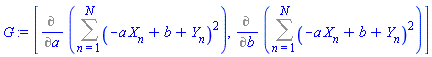 [Diff(Sum((-a*X[n]+b+Y[n])^2, n = 1 .. N), a), Diff(Sum((-a*X[n]+b+Y[n])^2, n = 1 .. N), b)]