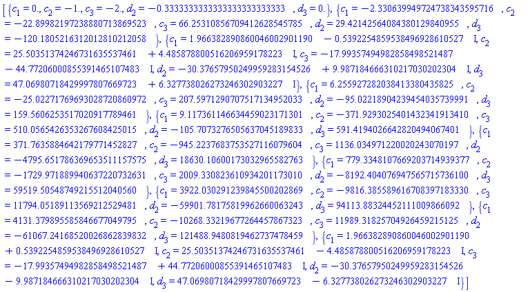 [{c[1] = 0., c[2] = -1., c[3] = -2., d[2] = -.3333333333333333333333333, d[3] = 0.}, {c[1] = -2.330639949724738343595716, c[2] = -22.89982197238880713869523, c[3] = 66.25310856709412628545785, d[2] = 29.42142564084380129840955, d[3] = -120.1805216312012810212058}, {c[1] = 1.966382890860046002901190-.5392254859538496928610527*I, c[2] = 25.50351374246731635537461+4.485878800516206959178223*I, c[3] = -17.99357494982858498521487-44.77206000855391465107483*I, d[2] = -30.37657950249959283154526+9.987184666310217030202304*I, d[3] = 47.06980718429997807669723+6.327738026273246302903227*I}, {c[1] = 6.255927282038413380435825, c[2] = -25.02271769693028720860972, c[3] = 207.5971290707517134952033, d[2] = -95.02218904239454035739991, d[3] = 159.5606253517020917789461}, {c[1] = 9.117361146634459023171301, c[2] = -371.9293025401432341913410, c[3] = 510.0565426353267608425015, d[2] = -105.7073276505637045189833, d[3] = 591.4194026642820494067401}, {c[1] = 371.7635884642179771452827, c[2] = -945.2237683753527116079604, c[3] = 1136.034971220020243070197, d[2] = -4795.651786369653511157575, d[3] = 18630.10600173032965582763}, {c[1] = 779.3348107669203714939377, c[2] = -1729.971889940637220732631, c[3] = 2009.330823610934201173010, d[2] = -8192.404076947565715736100, d[3] = 59519.50548749215512040560}, {c[1] = 3922.030291239845500202869, c[2] = -9816.385589616708397183330, c[3] = 11794.05189113569212529481, d[2] = -59901.78175819962660063243, d[3] = 94113.88324452111009866092}, {c[1] = 4131.379895585846677049795, c[2] = -10268.33219677264457867323, c[3] = 11989.31825704926459215125, d[2] = -61067.24168520026862839832, d[3] = 121488.9480819462737478459}, {c[1] = 1.966382890860046002901190+.5392254859538496928610527*I, c[2] = 25.50351374246731635537461-4.485878800516206959178223*I, c[3] = -17.99357494982858498521487+44.77206000855391465107483*I, d[2] = -30.37657950249959283154526-9.987184666310217030202304*I, d[3] = 47.06980718429997807669723-6.327738026273246302903227*I}]