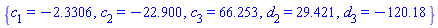 {c[1] = -2.3306, c[2] = -22.900, c[3] = 66.253, d[2] = 29.421, d[3] = -120.18}