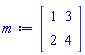 array( 1 .. 2, 1 .. 2, [( 1, 1 ) = (1), ( 1, 2 ) = (3), ( 2, 1 ) = (2), ( 2, 2 ) = (4)  ] )