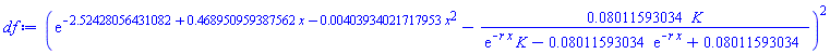 (exp(-2.52428056431082+.468950959387562*x-0.403934021717953e-2*x^2)-0.8011593034e-1*K/(exp(-r*x)*K-0.8011593034e-1*exp(-r*x)+0.8011593034e-1))^2