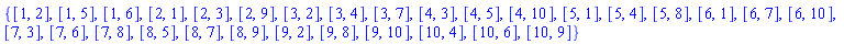 {[1, 2], [1, 5], [1, 6], [2, 1], [2, 3], [2, 9], [3, 2], [3, 4], [3, 7], [4, 3], [4, 5], [4, 10], [5, 1], [5, 4], [5, 8], [6, 1], [6, 7], [6, 10], [7, 3], [7, 6], [7, 8], [8, 5], [8, 7], [8, 9], [9, 2], [9, 8], [9, 10], [10, 4], [10, 6], [10, 9]}