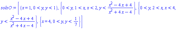 [{x = 1, 0 < y, y < 1}, {0 < y, 1 < x, x < 2, y < (x^2-4*x+4)/(x^2+4*x-4)}, {0 < y, 2 < x, x < 4, y < (x^2-4*x+4)/(x^2+4*x-4)}, {x = 4, 0 < y, y < 1/7}]