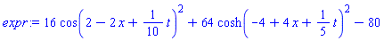 16*cos(2-2*x+(1/10)*t)^2+64*cosh(-4+4*x+(1/5)*t)^2-80