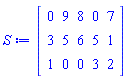 Matrix(3, 5, {(1, 1) = 0, (1, 2) = 9, (1, 3) = 8, (1, 4) = 0, (1, 5) = 7, (2, 1) = 3, (2, 2) = 5, (2, 3) = 6, (2, 4) = 5, (2, 5) = 1, (3, 1) = 1, (3, 2) = 0, (3, 3) = 0, (3, 4) = 3, (3, 5) = 2})
