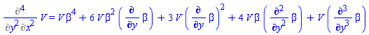 Diff(Diff(V, x, x), y, y) = V*beta^4+6*V*beta^2*(diff(beta, y))+3*V*(diff(beta, y))^2+4*V*beta*(diff(diff(beta, y), y))+V*(diff(diff(diff(beta, y), y), y))
