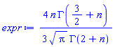 (4/3)*n*GAMMA(3/2+n)/(Pi^(1/2)*GAMMA(2+n))
