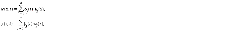 "w(x,t)=(&sum;)`alpha__j`(t)*`u__j`(x),  f(x,t)=(&sum;)`beta__j`(t)*`u__j`(x),"