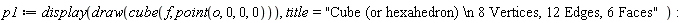 p1 := display(draw(cube(f, point(o, 0, 0, 0))), title = "Cube (or hexahedron) \n 8 Vertices, 12 Edges, 6 Faces")