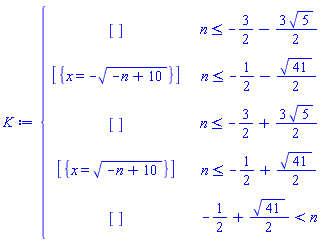 K := piecewise(n <= -3/2-3*sqrt(5)*(1/2), [], n <= -1/2-(1/2)*sqrt(41), [{x = -sqrt(-n+10)}], n <= -3/2+3*sqrt(5)*(1/2), [], n <= -1/2+(1/2)*sqrt(41), [{x = sqrt(-n+10)}], -1/2+(1/2)*sqrt(41) < n, [])