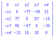 Matrix([[0, s1, s2, s3, s4], [-s1, 0, -77, -98, 33], [-s2, 77, 0, 87, -18], [-s3, 98, -87, 0, -38], [-s4, -33, 18, 38, 0]])