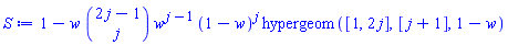 1-w*binomial(2*j-1, j)*w^(j-1)*(1-w)^j*hypergeom([1, 2*j], [j+1], 1-w)