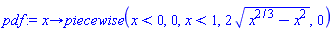 proc (x) options operator, arrow; piecewise(x < 0, 0, x < 1, 2*(x^(2/3)-x^2)^(1/2), 0) end proc