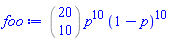 %binomial(20, 10)*p^10*(1-p)^10
