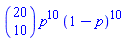%binomial(20, 10)*p^10*(1-p)^10
