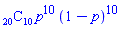 %binomial(20, 10)*p^10*(1-p)^10