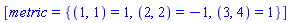 [metric = {(1, 1) = 1, (2, 2) = -1, (3, 4) = 1}]