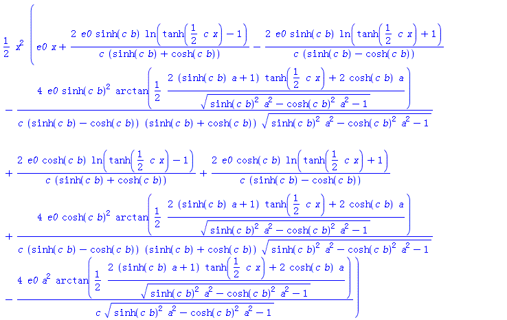 (1/2)*x^2*(e0*x+2*e0*sinh(c*b)*ln(tanh((1/2)*c*x)-1)/(c*(sinh(c*b)+cosh(c*b)))-2*e0*sinh(c*b)*ln(tanh((1/2)*c*x)+1)/(c*(sinh(c*b)-cosh(c*b)))-4*e0*sinh(c*b)^2*arctan((1/2)*(2*(sinh(c*b)*a+1)*tanh((1/2)*c*x)+2*cosh(c*b)*a)/(sinh(c*b)^2*a^2-cosh(c*b)^2*a^2-1)^(1/2))/(c*(sinh(c*b)-cosh(c*b))*(sinh(c*b)+cosh(c*b))*(sinh(c*b)^2*a^2-cosh(c*b)^2*a^2-1)^(1/2))+2*e0*cosh(c*b)*ln(tanh((1/2)*c*x)-1)/(c*(sinh(c*b)+cosh(c*b)))+2*e0*cosh(c*b)*ln(tanh((1/2)*c*x)+1)/(c*(sinh(c*b)-cosh(c*b)))+4*e0*cosh(c*b)^2*arctan((1/2)*(2*(sinh(c*b)*a+1)*tanh((1/2)*c*x)+2*cosh(c*b)*a)/(sinh(c*b)^2*a^2-cosh(c*b)^2*a^2-1)^(1/2))/(c*(sinh(c*b)-cosh(c*b))*(sinh(c*b)+cosh(c*b))*(sinh(c*b)^2*a^2-cosh(c*b)^2*a^2-1)^(1/2))-4*e0*a^2*arctan((1/2)*(2*(sinh(c*b)*a+1)*tanh((1/2)*c*x)+2*cosh(c*b)*a)/(sinh(c*b)^2*a^2-cosh(c*b)^2*a^2-1)^(1/2))/(c*(sinh(c*b)^2*a^2-cosh(c*b)^2*a^2-1)^(1/2)))