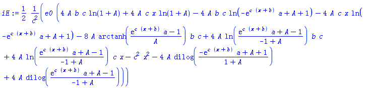 (1/2)*e0*(4*A*b*c*ln(1+A)+4*A*c*x*ln(1+A)-4*A*b*c*ln(-exp(c*(x+b))*a+A+1)-4*A*c*x*ln(-exp(c*(x+b))*a+A+1)-8*A*arctanh((exp(c*(x+b))*a-1)/A)*b*c+4*A*ln((exp(c*(x+b))*a+A-1)/(-1+A))*b*c+4*A*ln((exp(c*(x+b))*a+A-1)/(-1+A))*c*x-c^2*x^2-4*A*dilog((-exp(c*(x+b))*a+A+1)/(1+A))+4*A*dilog((exp(c*(x+b))*a+A-1)/(-1+A)))/c^2