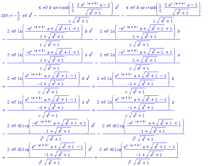 -(1/2)*e0*x^2-4*e0*b*arctanh((1/2)*(2*exp(c*(x+b))*a-2)/(a^2+1)^(1/2))*a^2/(c*(a^2+1)^(1/2))-4*e0*b*arctanh((1/2)*(2*exp(c*(x+b))*a-2)/(a^2+1)^(1/2))/(c*(a^2+1)^(1/2))-2*e0*ln((-exp(c*(x+b))*a+(a^2+1)^(1/2)+1)/(1+(a^2+1)^(1/2)))*b*a^2/(c*(a^2+1)^(1/2))-2*e0*ln((-exp(c*(x+b))*a+(a^2+1)^(1/2)+1)/(1+(a^2+1)^(1/2)))*b/(c*(a^2+1)^(1/2))-2*e0*ln((-exp(c*(x+b))*a+(a^2+1)^(1/2)+1)/(1+(a^2+1)^(1/2)))*x*a^2/(c*(a^2+1)^(1/2))-2*e0*ln((-exp(c*(x+b))*a+(a^2+1)^(1/2)+1)/(1+(a^2+1)^(1/2)))*x/(c*(a^2+1)^(1/2))+2*e0*ln((exp(c*(x+b))*a+(a^2+1)^(1/2)-1)/(-1+(a^2+1)^(1/2)))*b*a^2/(c*(a^2+1)^(1/2))+2*e0*ln((exp(c*(x+b))*a+(a^2+1)^(1/2)-1)/(-1+(a^2+1)^(1/2)))*b/(c*(a^2+1)^(1/2))+2*e0*ln((exp(c*(x+b))*a+(a^2+1)^(1/2)-1)/(-1+(a^2+1)^(1/2)))*x*a^2/(c*(a^2+1)^(1/2))+2*e0*ln((exp(c*(x+b))*a+(a^2+1)^(1/2)-1)/(-1+(a^2+1)^(1/2)))*x/(c*(a^2+1)^(1/2))-2*e0*dilog((-exp(c*(x+b))*a+(a^2+1)^(1/2)+1)/(1+(a^2+1)^(1/2)))*a^2/(c^2*(a^2+1)^(1/2))-2*e0*dilog((-exp(c*(x+b))*a+(a^2+1)^(1/2)+1)/(1+(a^2+1)^(1/2)))/(c^2*(a^2+1)^(1/2))+2*e0*dilog((exp(c*(x+b))*a+(a^2+1)^(1/2)-1)/(-1+(a^2+1)^(1/2)))*a^2/(c^2*(a^2+1)^(1/2))+2*e0*dilog((exp(c*(x+b))*a+(a^2+1)^(1/2)-1)/(-1+(a^2+1)^(1/2)))/(c^2*(a^2+1)^(1/2))