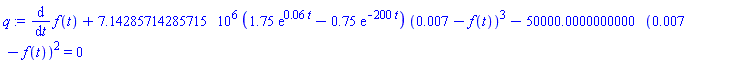 diff(f(t), t)+7142857.14285715*(1.75*exp(0.6e-1*t)-.75*exp(-200*t))*(0.7e-2-f(t))^3-50000.0000000000*(0.7e-2-f(t))^2 = 0