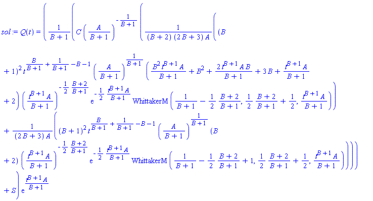 Q(t) = (C*(A/(B+1))^(-1/(B+1))*((B+1)^2*t^(B/(B+1)+1/(B+1)-B-1)*(A/(B+1))^(1/(B+1))*(B^2*t^(B+1)*A/(B+1)+B^2+2*t^(B+1)*A*B/(B+1)+3*B+t^(B+1)*A/(B+1)+2)*(t^(B+1)*A/(B+1))^(-(1/2)*(B+2)/(B+1))*exp(-(1/2)*t^(B+1)*A/(B+1))*WhittakerM(1/(B+1)-(1/2)*(B+2)/(B+1), (1/2)*(B+2)/(B+1)+1/2, t^(B+1)*A/(B+1))/((B+2)*(2*B+3)*A)+(B+1)^2*t^(B/(B+1)+1/(B+1)-B-1)*(A/(B+1))^(1/(B+1))*(B+2)*(t^(B+1)*A/(B+1))^(-(1/2)*(B+2)/(B+1))*exp(-(1/2)*t^(B+1)*A/(B+1))*WhittakerM(1/(B+1)-(1/2)*(B+2)/(B+1)+1, (1/2)*(B+2)/(B+1)+1/2, t^(B+1)*A/(B+1))/((2*B+3)*A))/(B+1)+S)*exp(t^(B+1)*A/(B+1))