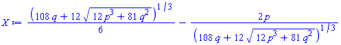 (1/6)*(108*q+12*(12*p^3+81*q^2)^(1/2))^(1/3)-2*p/(108*q+12*(12*p^3+81*q^2)^(1/2))^(1/3)