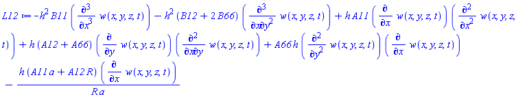 -h^2*B11*(diff(diff(diff(w(x, y, z, t), x), x), x))-h^2*(B12+2*B66)*(diff(diff(diff(w(x, y, z, t), x), y), y))+h*A11*(diff(w(x, y, z, t), x))*(diff(diff(w(x, y, z, t), x), x))+h*(A12+A66)*(diff(w(x, y, z, t), y))*(diff(diff(w(x, y, z, t), x), y))+A66*h*(diff(diff(w(x, y, z, t), y), y))*(diff(w(x, y, z, t), x))-h*(A11*a+A12*R)*(diff(w(x, y, z, t), x))/(R*a)