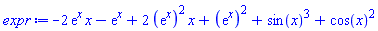 -2*exp(x)*x-exp(x)+2*(exp(x))^2*x+(exp(x))^2+sin(x)^3+cos(x)^2