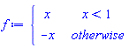 f := piecewise(x < 1, x, -x)