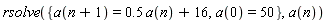 rsolve({a(0) = 50, a(n+1) = .5*a(n)+16}, a(n))