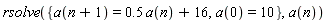 rsolve({a(0) = 10, a(n+1) = .5*a(n)+16}, a(n))