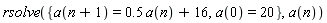 rsolve({a(0) = 20, a(n+1) = .5*a(n)+16}, a(n))