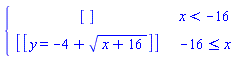 piecewise(x < -16, [], -16 <= x, [[y = -4+sqrt(x+16)]])