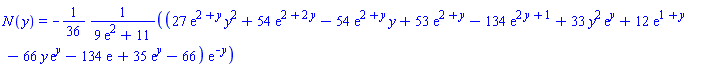 N(y) = -(1/36)*(27*exp(2+y)*y^2+54*exp(2+2*y)-54*exp(2+y)*y+53*exp(2+y)-134*exp(2*y+1)+33*y^2*exp(y)+12*exp(1+y)-66*y*exp(y)-134*exp(1)+35*exp(y)-66)*exp(-y)/(9*exp(2)+11)