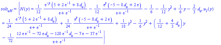 {N(y) = (1/12)*exp(-y)*(5+2*exp(-1)+8*d__u)/(exp(1)+exp(-1))-(1/12)*exp(y)*(-5-8*d__u+2*exp(1))/(exp(1)+exp(-1))-1/6-(1/12)*y^2+(1/6)*y-(2/3)*d__u, u__1(y) = (1/24)*exp(-y)*(5+2*exp(-1)+8*d__u)/(exp(1)+exp(-1))+(1/24)*exp(y)*(-5-8*d__u+2*exp(1))/(exp(1)+exp(-1))+(1/18)*y^3-(1/6)*y^2+(1/12+(4/3)*d__u)*y-(1/72)*(12*exp(1)*exp(-1)-72*exp(1)*d__u-120*exp(-1)*d__u-7*exp(1)-37*exp(-1))/(exp(1)+exp(-1))}