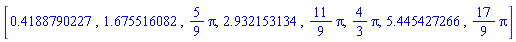 [.4188790227, 1.675516082, (5/9)*Pi, 2.932153134, (11/9)*Pi, (4/3)*Pi, 5.445427266, (17/9)*Pi]