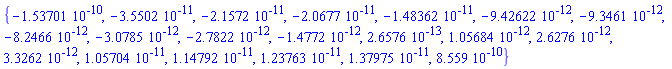 {-0.153701e-9, -0.35502e-10, -0.21572e-10, -0.20677e-10, -0.148362e-10, -0.942622e-11, -0.93461e-11, -0.82466e-11, -0.30785e-11, -0.27822e-11, -0.14772e-11, 0.26576e-12, 0.105684e-11, 0.26276e-11, 0.33262e-11, 0.105704e-10, 0.114792e-10, 0.123763e-10, 0.137975e-10, 0.8559e-9}