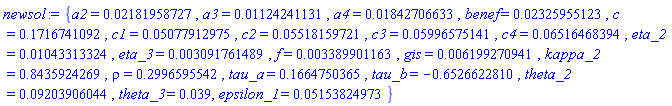 {a2 = 0.2181958727e-1, a3 = 0.1124241131e-1, a4 = 0.1842706633e-1, benef = 0.2325955123e-1, c = .1716741092, c1 = 0.5077912975e-1, c2 = 0.5518159721e-1, c3 = 0.5996575141e-1, c4 = 0.6516468394e-1, eta_2 = 0.1043313324e-1, eta_3 = 0.3091761489e-2, f = 0.3389901163e-2, gis = 0.6199270941e-2, kappa_2 = .8435924269, rho = .2996595542, tau_a = .1664750365, tau_b = -.6526622810, theta_2 = 0.9203906044e-1, theta_3 = 0.39e-1, epsilon_1 = 0.5153824973e-1}