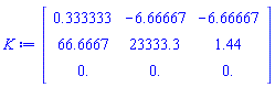 K := Matrix(3, 3, {(1, 1) = .333333, (1, 2) = -6.66667, (1, 3) = -6.66667, (2, 1) = 66.6667, (2, 2) = 23333.3, (2, 3) = 1.44, (3, 1) = 0., (3, 2) = 0., (3, 3) = 0.})