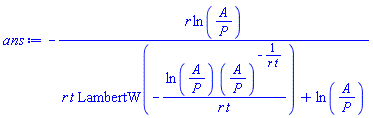 -r*ln(A/P)/(r*t*LambertW(-ln(A/P)*(A/P)^(-1/(r*t))/(r*t))+ln(A/P))