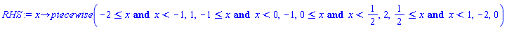 proc (x) options operator, arrow; piecewise(-2 <= x and x < -1, 1, -1 <= x and x < 0, -1, 0 <= x and x < 1/2, 2, 1/2 <= x and x < 1, -2, 0) end proc