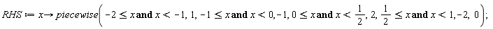 RHS := proc (x) options operator, arrow; piecewise(-2 <= x and x < -1, 1, -1 <= x and x < 0, -1, 0 <= x and x < 1/2, 2, 1/2 <= x and x < 1, -2, 0) end proc;