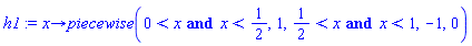 proc (x) options operator, arrow; piecewise(0 < x and x < 1/2, 1, 1/2 < x and x < 1, -1, 0) end proc