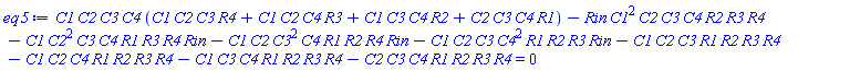C1*C2*C3*C4*(C1*C2*C3*R4+C1*C2*C4*R3+C1*C3*C4*R2+C2*C3*C4*R1)-Rin*C1^2*C2*C3*C4*R2*R3*R4-C1*C2^2*C3*C4*R1*R3*R4*Rin-C1*C2*C3^2*C4*R1*R2*R4*Rin-C1*C2*C3*C4^2*R1*R2*R3*Rin-C1*C2*C3*R1*R2*R3*R4-C1*C2*C4*R1*R2*R3*R4-C1*C3*C4*R1*R2*R3*R4-C2*C3*C4*R1*R2*R3*R4 = 0