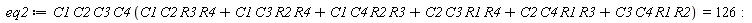 eq2 := C1*C2*C3*C4*(C1*C2*R3*R4+C1*C3*R2*R4+C1*C4*R2*R3+C2*C3*R1*R4+C2*C4*R1*R3+C3*C4*R1*R2) = 126
